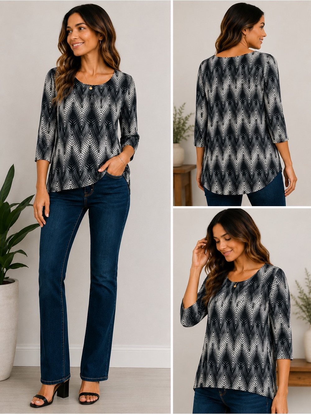 Cable & Gauge Black and White Scoop Neck Patterned Top